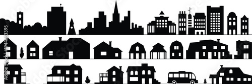 City skyline silhouettes, suburban houses, urban architecture illustration, residential neighborhood design, famous landmarks, vector art, cultural heritage, travel icon, building structures