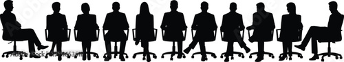 Business silhouettes of professionals seated on office chairs, corporate meeting, teamwork concept, organizational structure, leadership, interview panel, decision-making