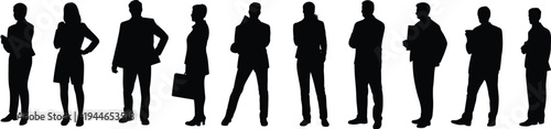 Business silhouettes of diverse professionals standing in corporate attire, teamwork concept, leadership, office collaboration, career success, organizational representation