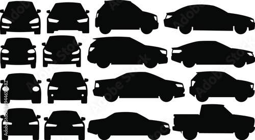 Car silhouettes collection, sedan, hatchback, SUV, pickup truck, automotive vector icons, vehicle shapes, transport design, black silhouette illustration