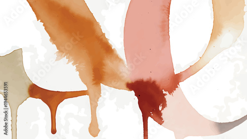 Abstract watercolor wash features flowing shapes in earthy tones of terracotta and beige against a bright white background.