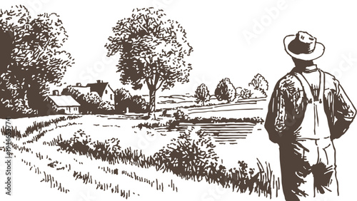 Farmer looking at countryside village panoramic view. Agricultural worker standing on hill observing rural land. Detailed hand drawn sketch illustration style, background for countryside.