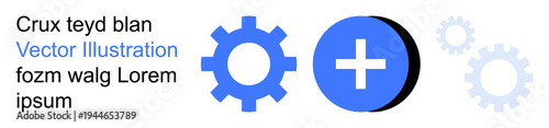 Technology, mechanics, innovation, system design, engineering, digital concepts. Blue gear and plus symbol with abstract components. Technology and mechanics concept