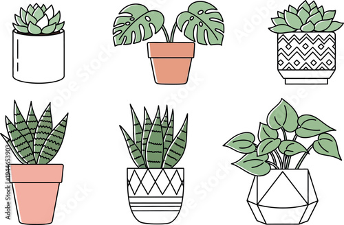A lovely collection of six different house plants illustrated in simple line art style with pastel colored pots against white background