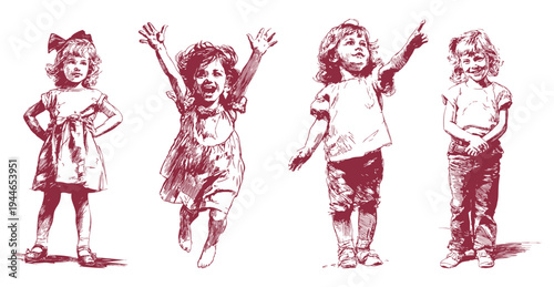 Happy playful little girls running jumping joyful illustration. Kids showing movement and excitement emotions. Detailed pen hand drawn sketch style. Background for kids activity design.