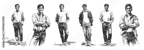 Casual male characters stylish modern people poses. Young men standing relaxed and smiling in everyday clothing. Detailed pencil drawing sketch style illustration, background for fashion projects.
