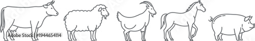 Simple black and white outline drawing collection depicting various common domesticated farm animals standing side by side on a white background.