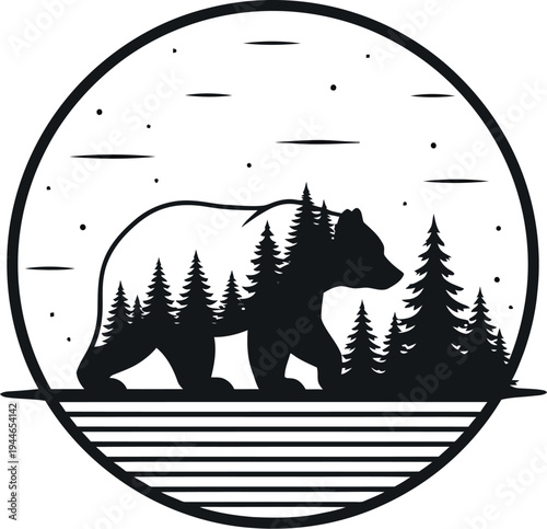 Minimalist black and white artistic illustration featuring a majestic grizzly bear walking through a serene pine forest, captured within a circular emblem, perfect for nature and wilderness branding.
