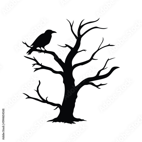 dead tree with bird perched silhouette vector illustration, Black and white silhouette of a crow perched on a bare tree, vector illustration design