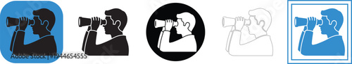 A stylized vector graphic illustration depicting a man in silhouette looking intently through a pair of binoculars, symbolizing concepts of search, vision, future planning, and careful observation 