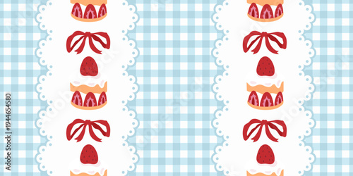 Seamless pattern with red bows, strawberries and strawberry tart motifs arranged in vertical lace panels over a light blue gingham background. Sweet pastel surface with vintage kitchen charm.