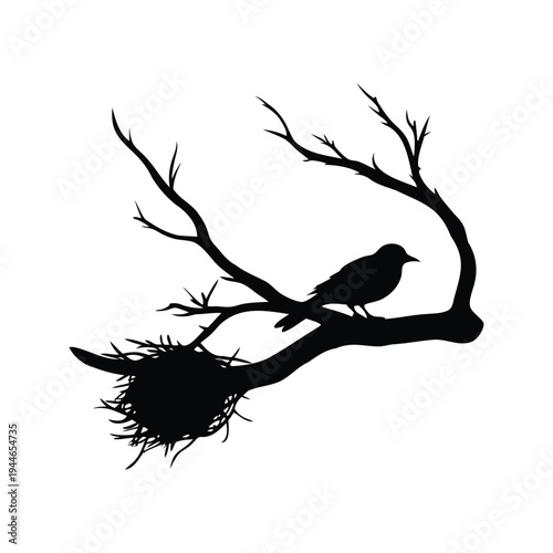 dead branch with bird nest silhouette vector illustration, Silhouette of a bird perched on a branch with a nest, vector illustration