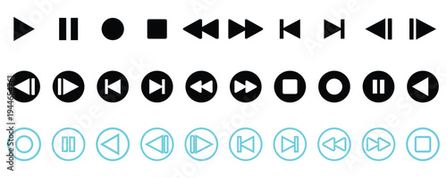 Collection of media player button icon sets. play, pause, stop, rewind, and fast forward buttons. Vector line art set. vector illustration.