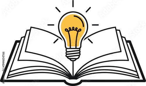 A clear line art illustration featuring an open book with a bright light bulb, symbolizing the powerful connection between education, knowledge, learning, and the generation of brilliant new ideas.