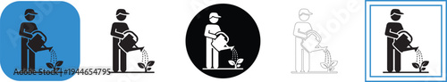 A simple vector graphic illustration depicting a stylized figure wearing a cap, diligently watering a small, newly sprouted plant with a classic watering can, representing growth and care in gardening