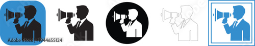 Collection of vector graphic illustrations depicting a professional businessman in silhouette or outline style announcing loudly through a megaphone.