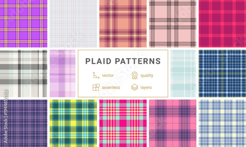 Clean plaid set presentation backgrounds. Orderly tartan grids support clarity. Vector geometry keeps alignment.
