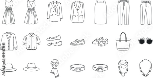 Modern collection of stylish line art clothing icons and fashion accessories, showcasing women's essential wardrobe items for diverse design applications and style guides.
