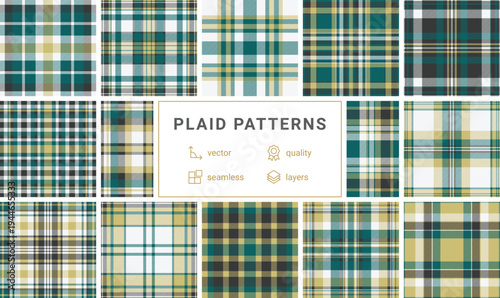 Timeless teal and gold plaid seamless pattern texture. A sophisticated tartan design perfect for elegant fashion, cozy home textiles, seasonal gift wrap, or digital backgrounds.