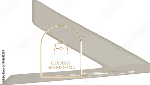 An elegant 3D rendering showcases a minimalist golden arch frame, highlighting a luxury brand name and a stylish handbag icon, perfect for sophisticated product displays.