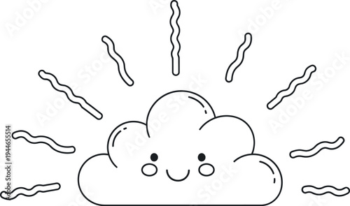 A charmingly minimalist cartoon cloud illustration featuring a delightful happy face radiates joy and warmth, perfect for children's designs, weather themes, and cheerful educational content.