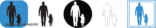 A collection of diverse vector graphic illustrations featuring a strong father figure holding the small hand of his young daughter while walking together.