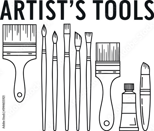 Collection of black and white line art illustrations depicting various essential artist tools including paint brushes and tubes for creative endeavors.