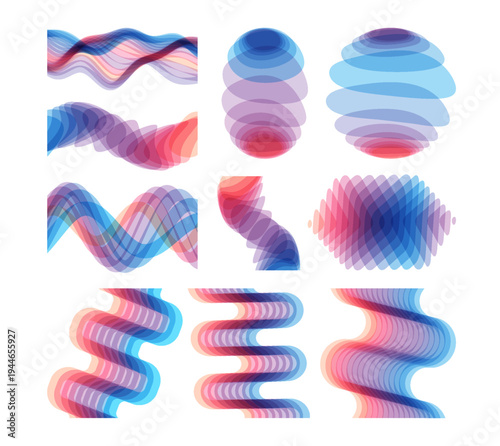 A sound wave or audio signal. Sphere. Prism. Abstract geometric design. Set of figures isolated on white background. Illustration made of various overlapping elements. Vector for design.