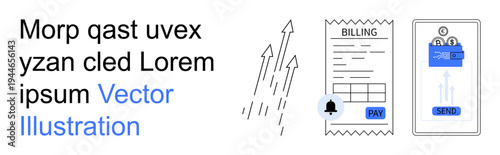 Digital payments, online finance, bill management, modern transactions, fintech, electronic billing. Smartphone sending payments, invoice graphic and arrows. Digital payments and online finance