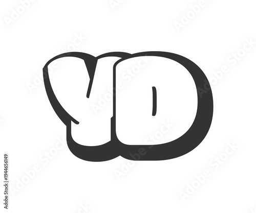YD logo, bubble comic lettering, rounded in graffiti style black and white silhouette. Trendy preschool Y and D letter text for festival party, personal initials, children funky print and web.