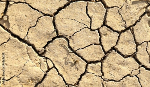 Photo of a cracked dry soil during drought, an abstract natural background showing climate change, desertification and extreme heat, a detailed pattern of parched earth surface in harsh sunlight.