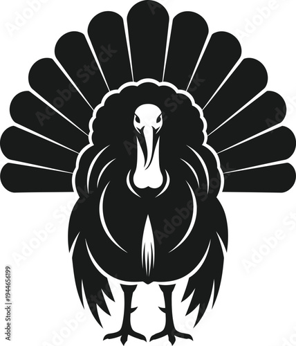Striking black and white vector graphic illustration of a proud wild turkey bird displaying its majestic tail feathers prominently for holiday design.
