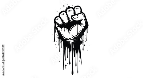 Vector illustration of black and white illustration of a clenched fist with paint splatters