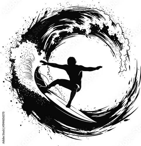 Dynamic monochrome vector illustration depicting a silhouetted surfer skillfully riding a powerful, stylized ocean wave with a bold, circular splash and grunge texture, showcasing extreme sports 