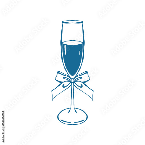 Wine, champagne glass with a bow. Vector blue outline illustration of a glass goblet for Christmas, Valentines Day, weddings, and birthdays.