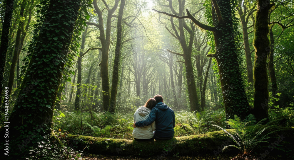 Fototapeta premium Enchanted Forest Embrace: Couple's Serene Retreat in Lush Nature