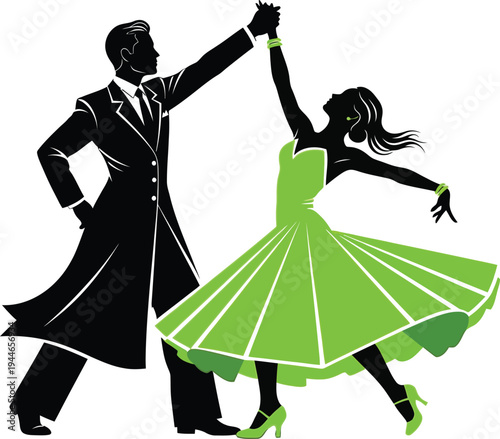 Dynamic vector illustration depicting a formally dressed man and a gracefully posed woman in a vibrant lime green dress performing a ballroom dance routine.