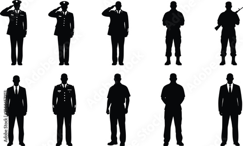 Set of soldier silhouettes in uniform saluting and standing for military service veteran memorial day and patriotic army officer collection isolated on white