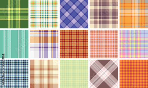 Plaid bundle created for picnic blankets, outdoor cushions, and casual wear. Vector tartan patterns enhance lifestyle products and digital designs.