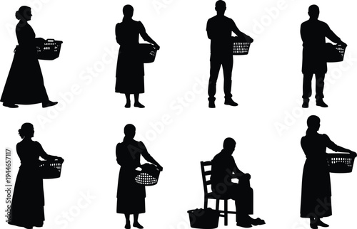Set of people silhouettes holding laundry baskets and doing housework for domestic chores cleaning service and home routine isolated on white