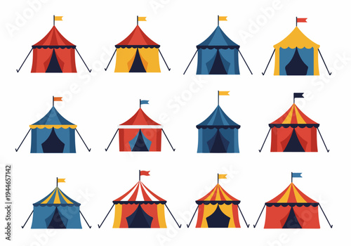 Set of Colorful Flat Design Circus Tents. Cartoon Big Tops in Red, Blue, and Yellow for Carnival, Fairground, and Fun Park Graphics.