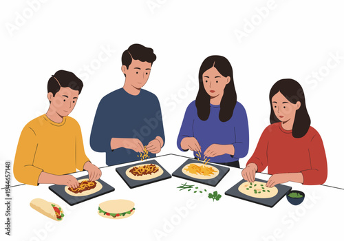 Four friends preparing homemade Mexican food together, adding cheese and toppings to tortillas in a fun, shared cooking activity.