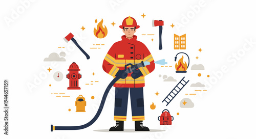 Modern flat illustration of a firefighter with equipment and symbols of fire safety and emergency rescue services on a white background.