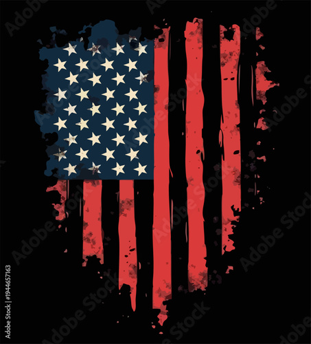 Vector design with decorative drawing of 
torn national flag of usa. 
Fashion t-shirt print. American 
independence day pattern of stars 
and stripes for textiles, fabric, clothing.