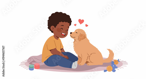 Happy Black child sharing a loving moment with a Golden Retriever puppy on a rug, illustrating pet ownership and friendship.