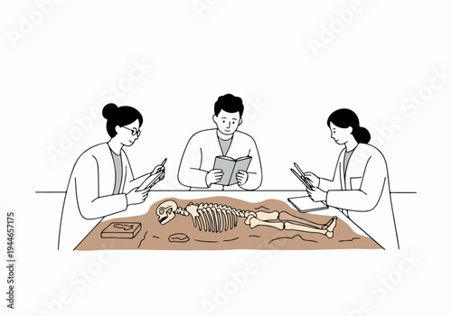 Group of anthropologists examining an unearthed human skeleton during an archaeological excavation study, line illustration.