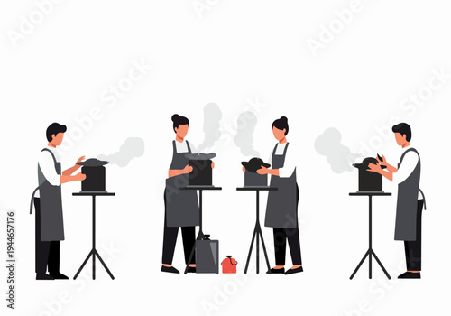 Group of professional cooks and chefs in uniform preparing large meals using steaming pots, illustrating catering or restaurant kitchen work.