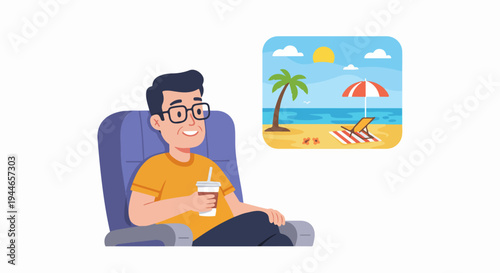 Man daydreaming about a tropical beach vacation while sitting comfortably indoors, holding a drink.