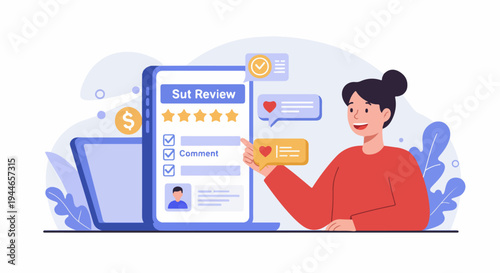 Happy customer submitting a positive five-star online review and feedback using a mobile device application.