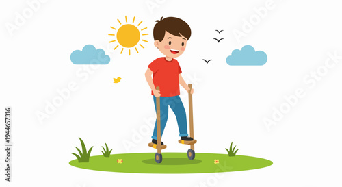 Happy boy playing outdoors on stilts under the sunny sky, enjoying active childhood recreation in a flat vector illustration style.